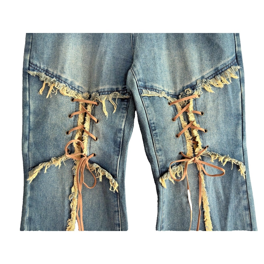 CIDER Women's L Lace Up Corset Distressed Wide Flare Fringe Jeans Y2K Festival - Picture 2 of 8